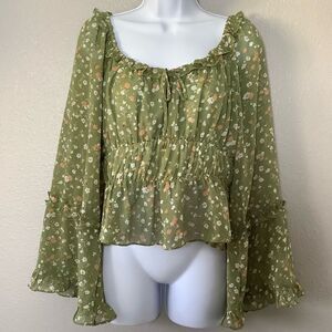 Green Cottagecore Fairy Bohemian Hippie Renaissance Fair Ruffle Peasant Blouse L